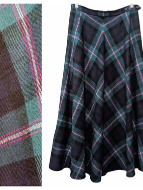 Vintage Deans Of Scotland Sz 12 Green Black Pink Plaid 100% Wool Academia Skirt